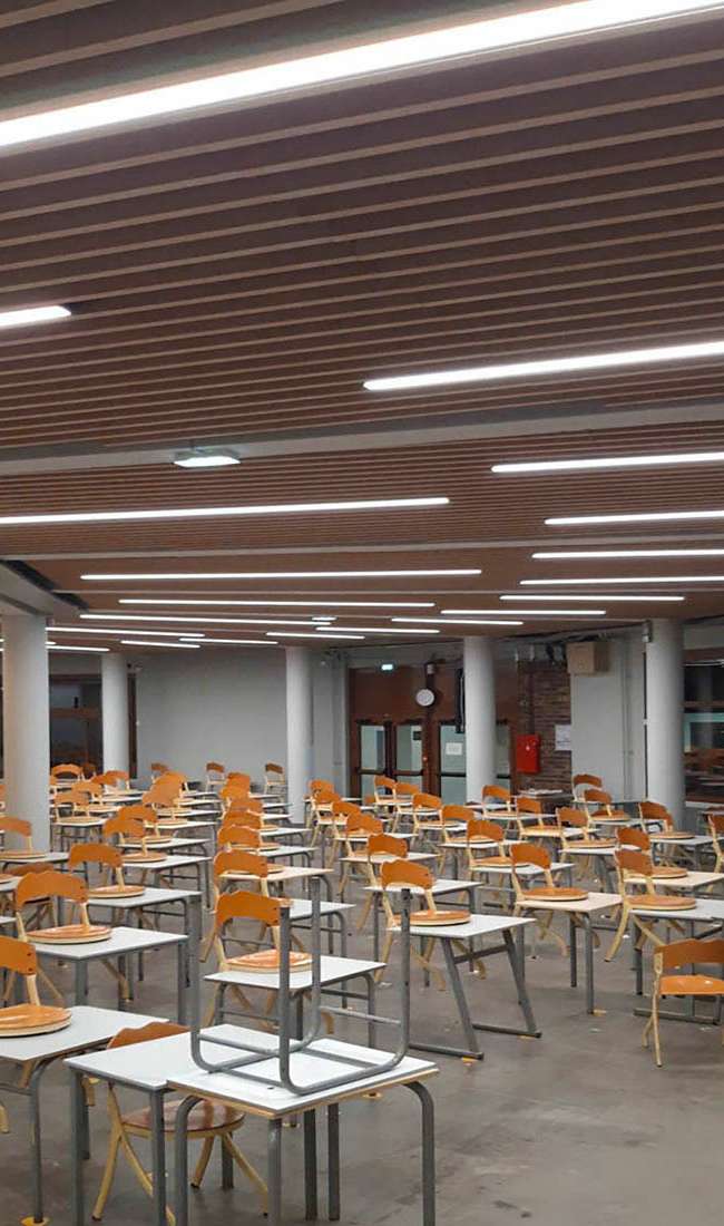 Détail du plafond à claustra bois avec lignes LED intégrées, salle du Collège Stanislas, Ponctuelle