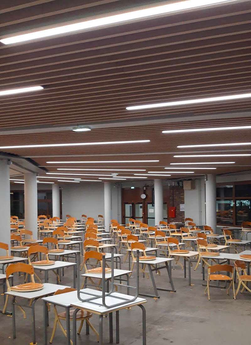 Détail du plafond à claustra bois avec lignes LED intégrées, salle du Collège Stanislas, Ponctuelle